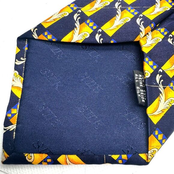 Viva Cravat Vintage Silk Necktie Navy Blue Yellow Gold Patterned Designer - Picture 3 of 4